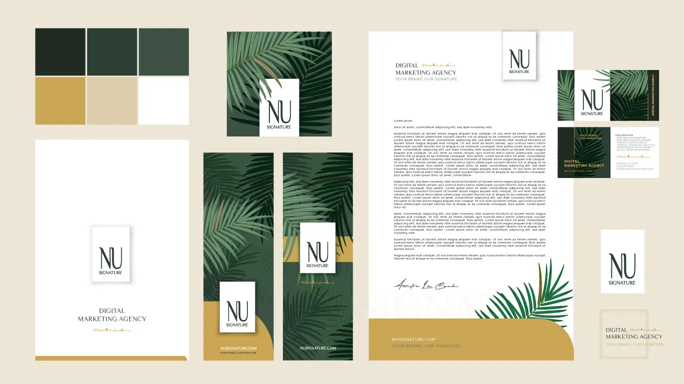 Nu Signature identity and stationery concept with a forest-green and gold palette, letterhead and business cards.