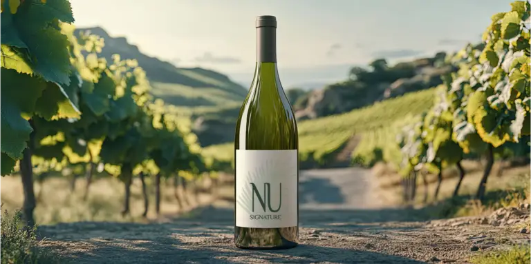 Nu Signature wine-label concept shown on a bottle between vineyard rows.