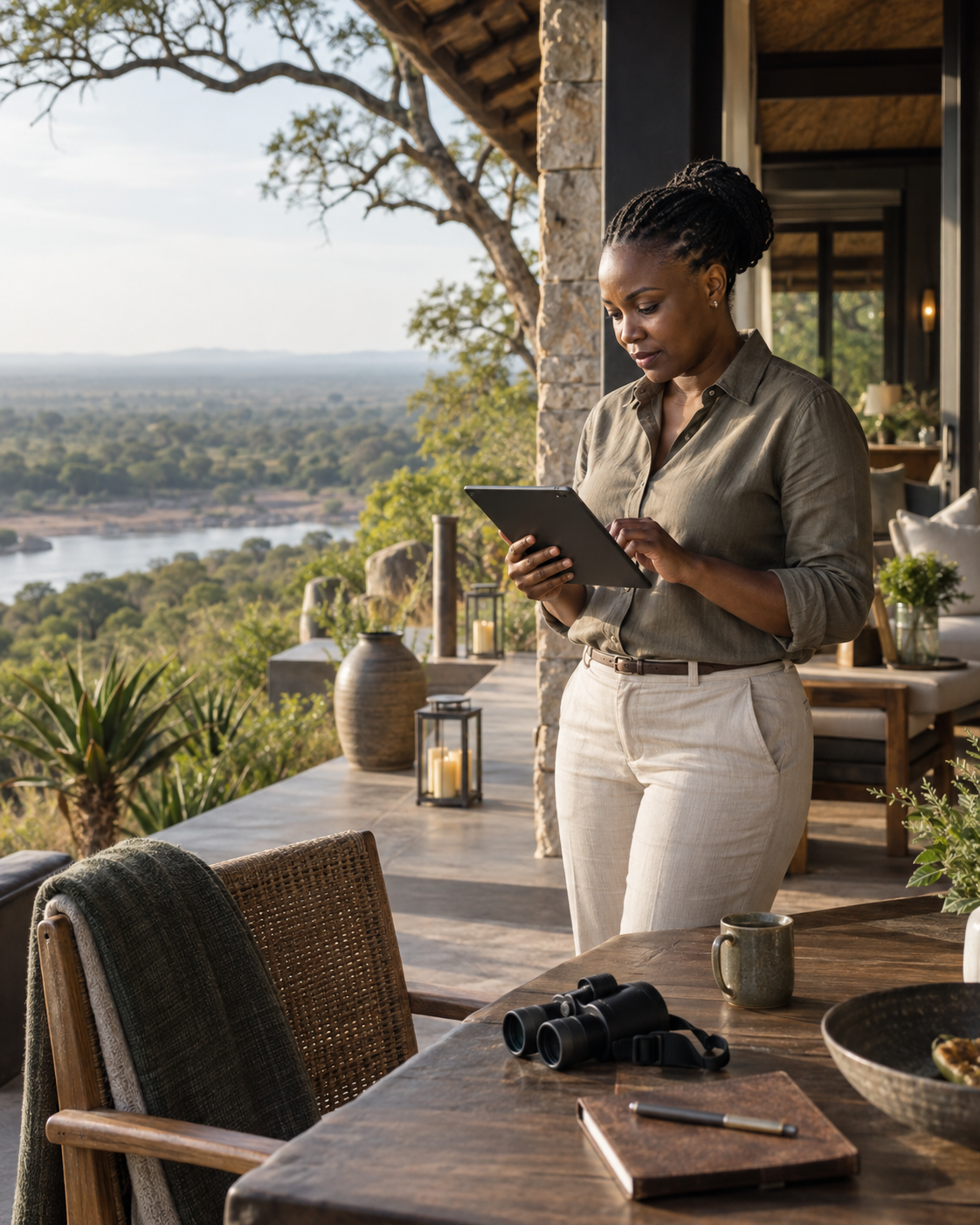 A woman using a tablet on a lodge terrace overlooking a wooded river landscape.