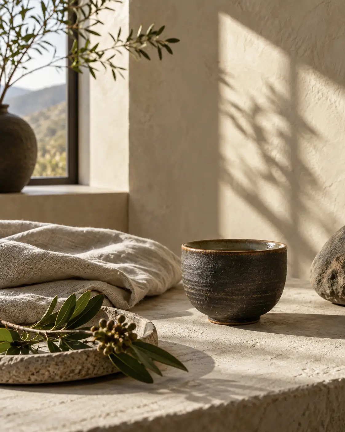 Sunlight across ceramic vessels, natural fabric and textured plaster