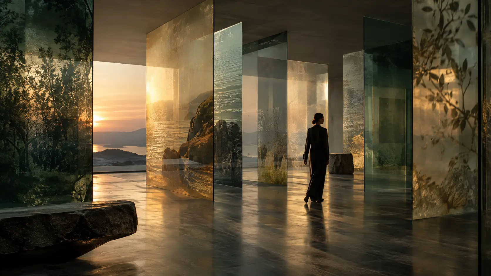 Conceptual urban studio with layered translucent panels and a person walking through them.