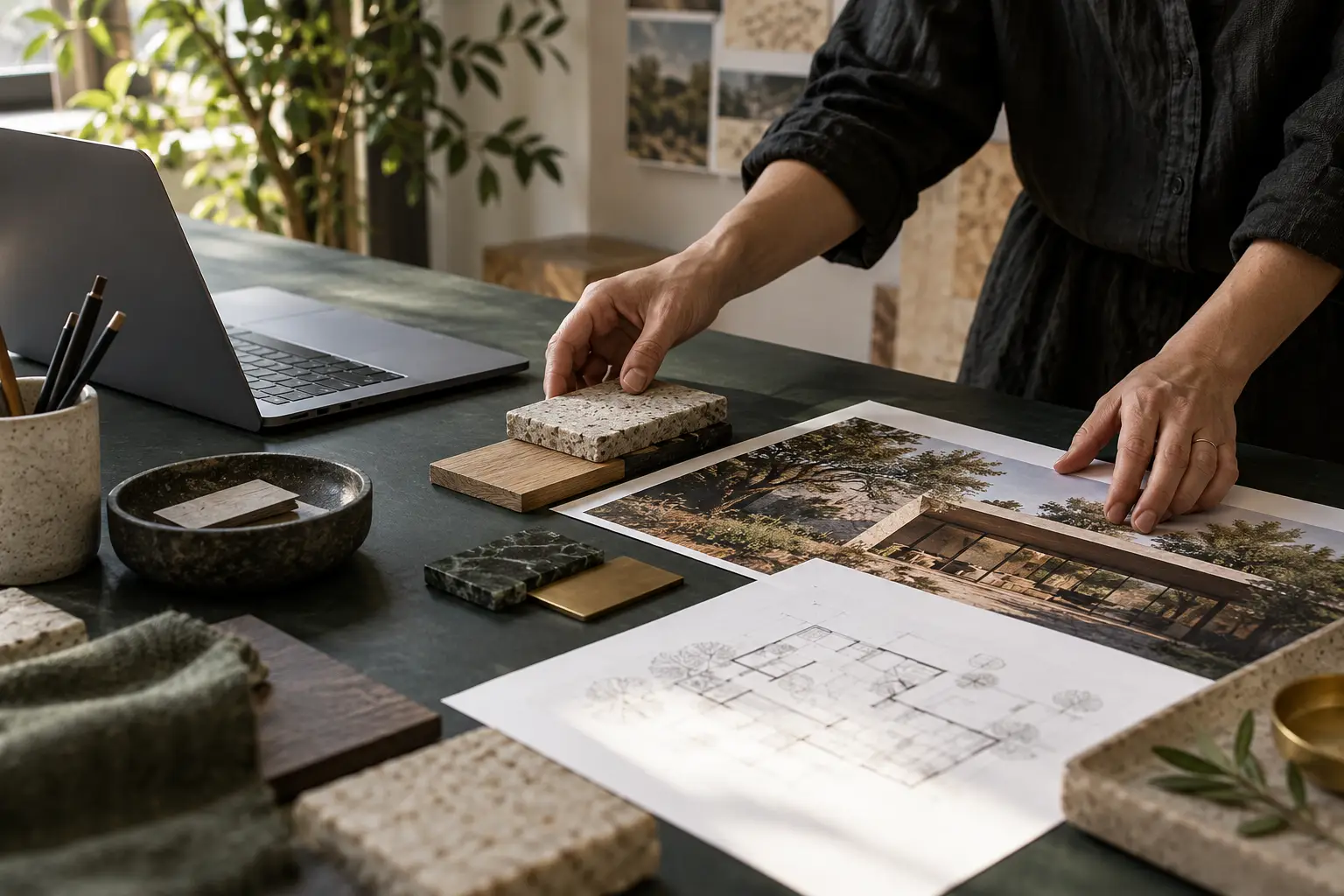 Hands arranging material samples, a project photograph and plans on a studio worktable.