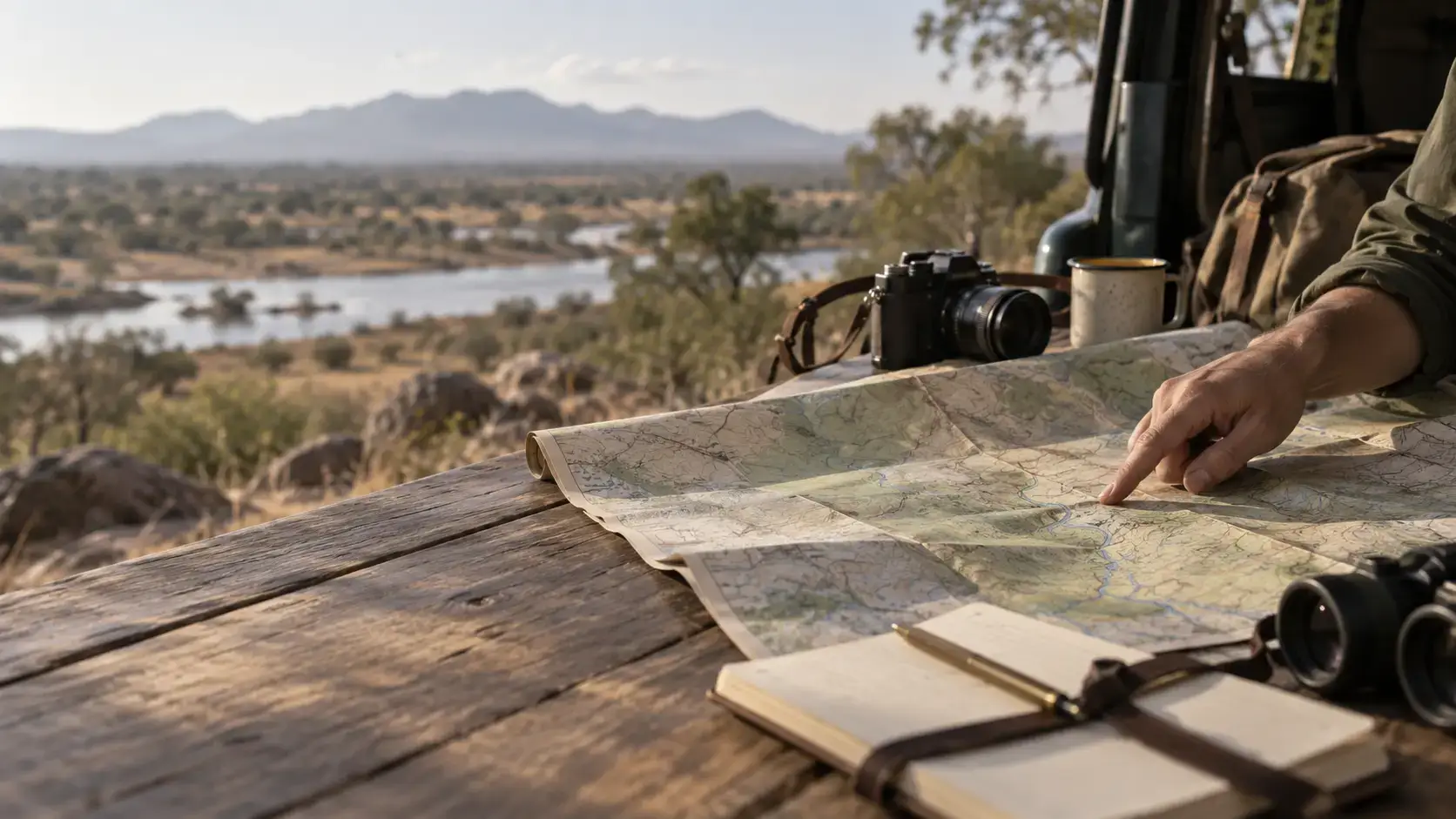 A traveller traces a Southern African route on a map beside a camera and open landscape