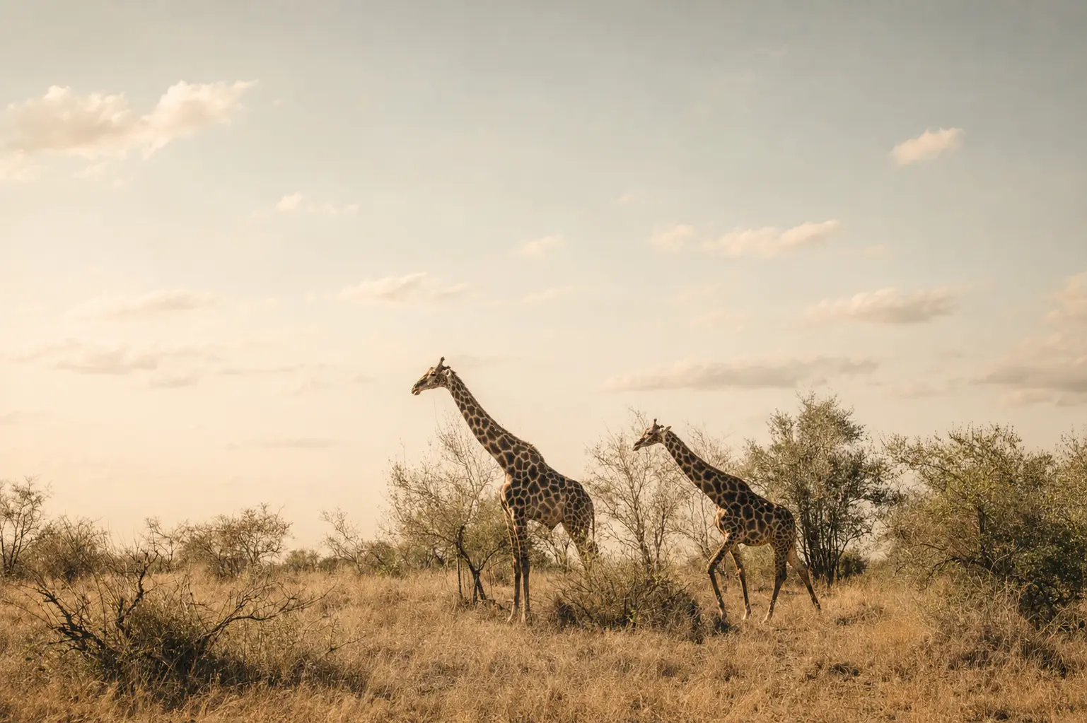 Two giraffes walking through dry grass and acacia scrub in warm evening light.