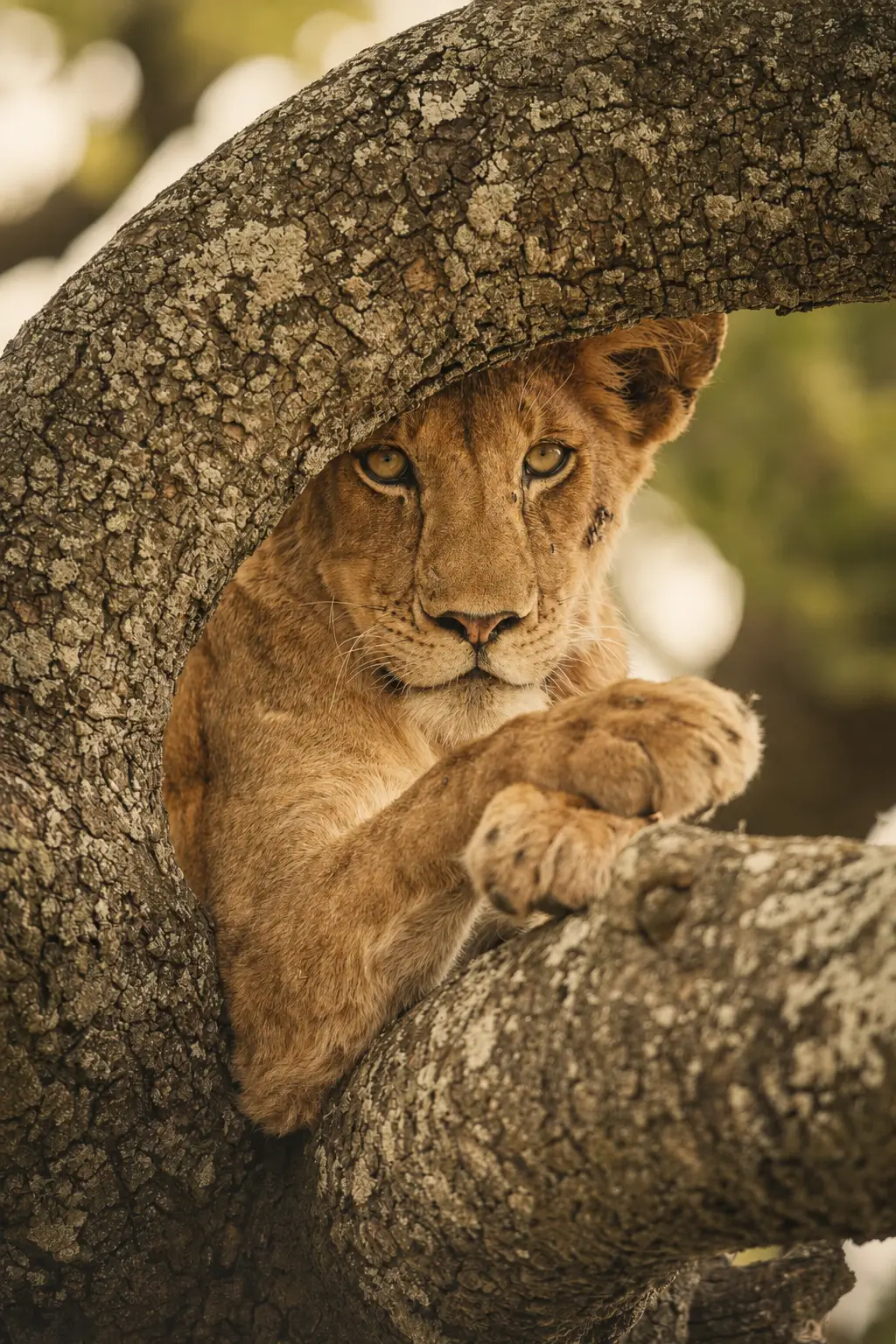 Lion resting in the branches of a tree