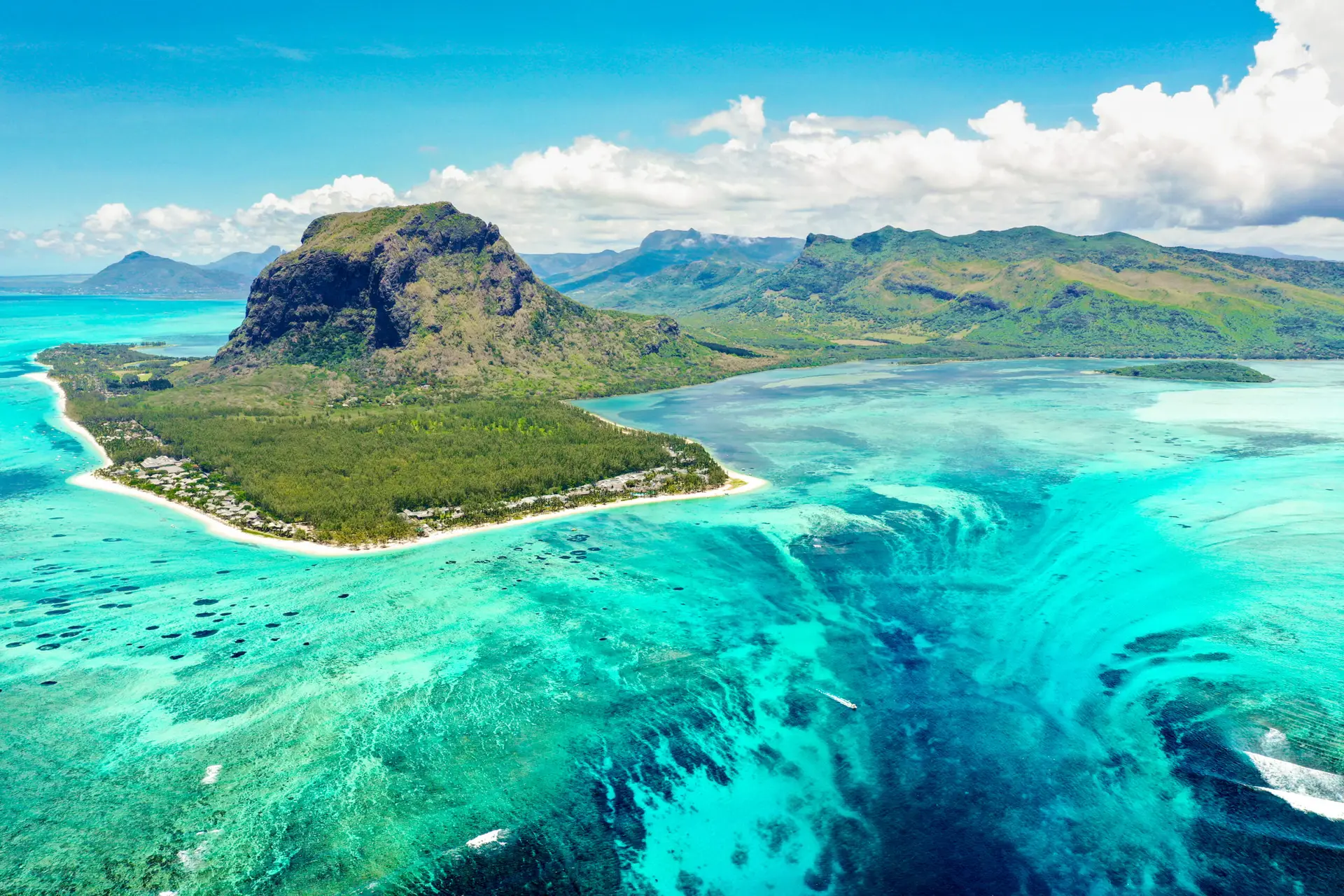 Aerial view of the Mauritius coastline near Le Morne