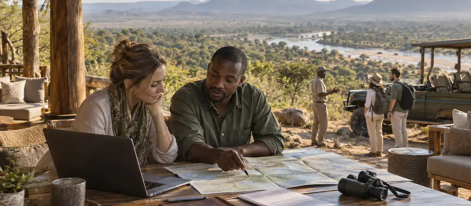 Travel professionals reviewing an African itinerary while a local guide welcomes arriving travellers