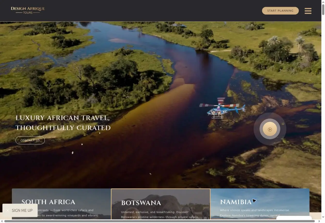 Design Afrique Tours website showing an aerial river landscape and destination cards.