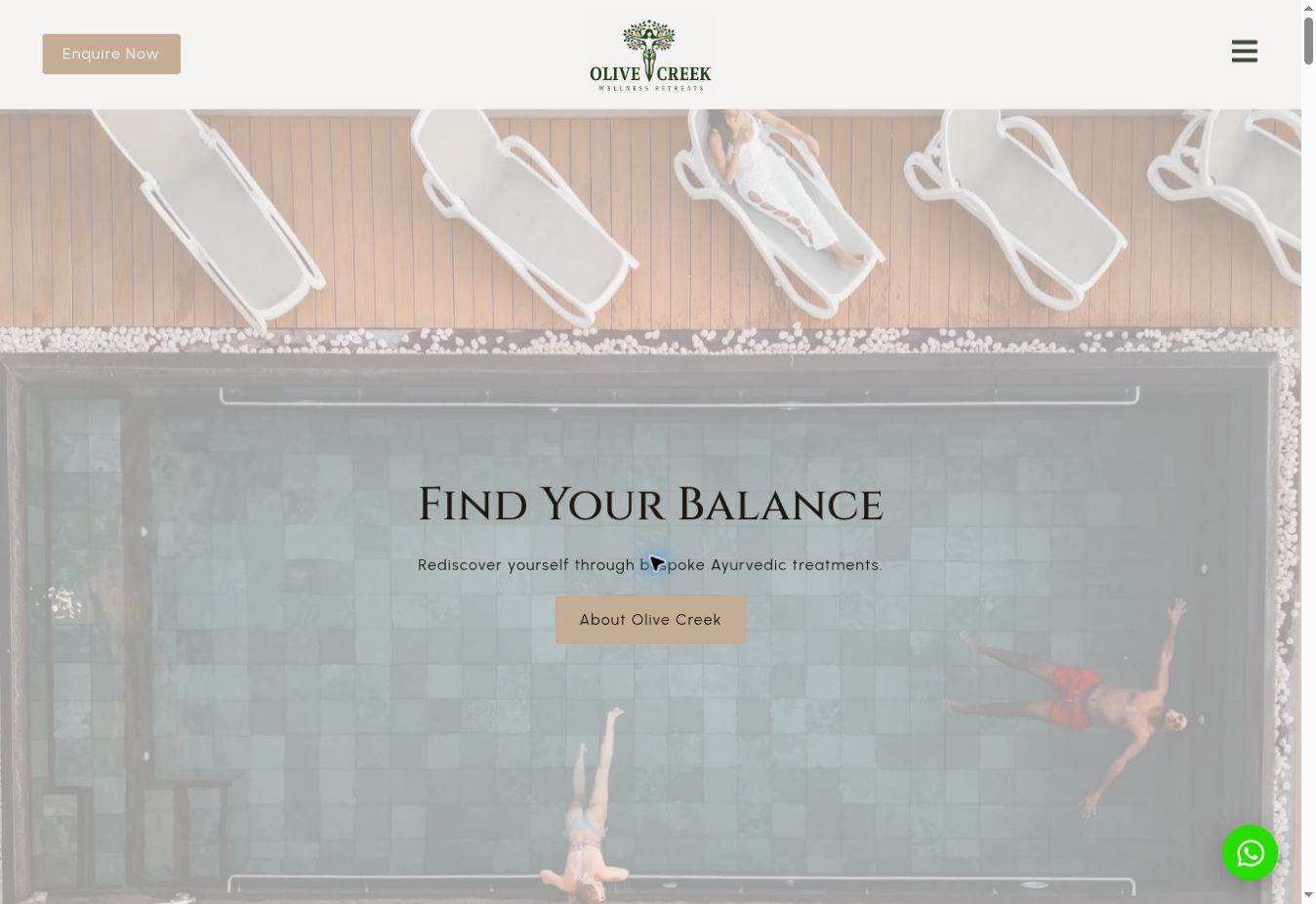 Olive Creek wellness retreat website showing its pool and Find Your Balance introduction.