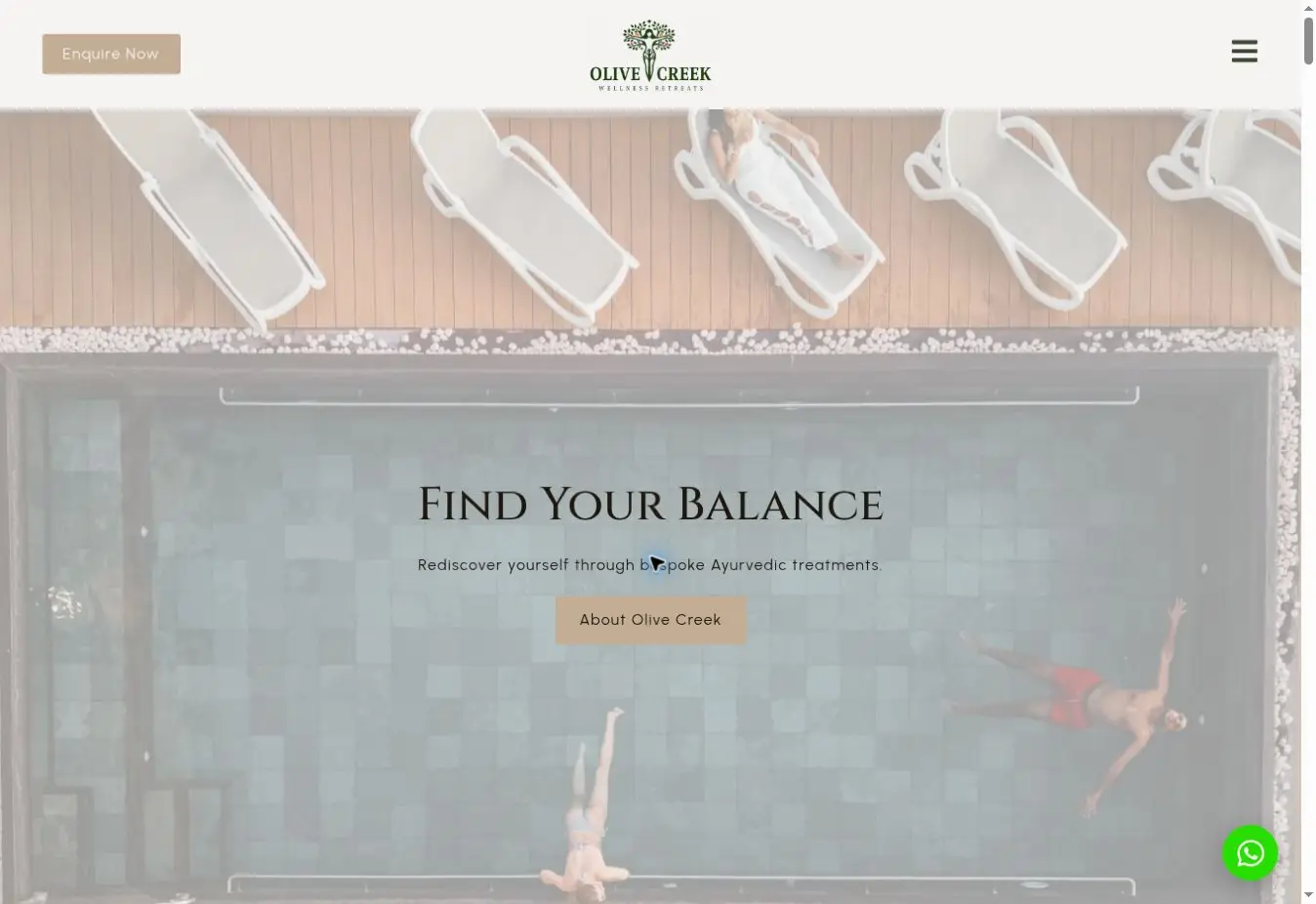 Olive Creek wellness retreat website showing its pool and Find Your Balance introduction.