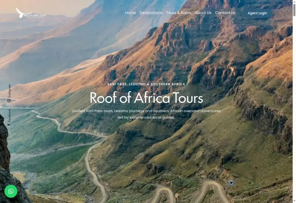 Roof of Africa Tours website with mountain scenery and tour navigation